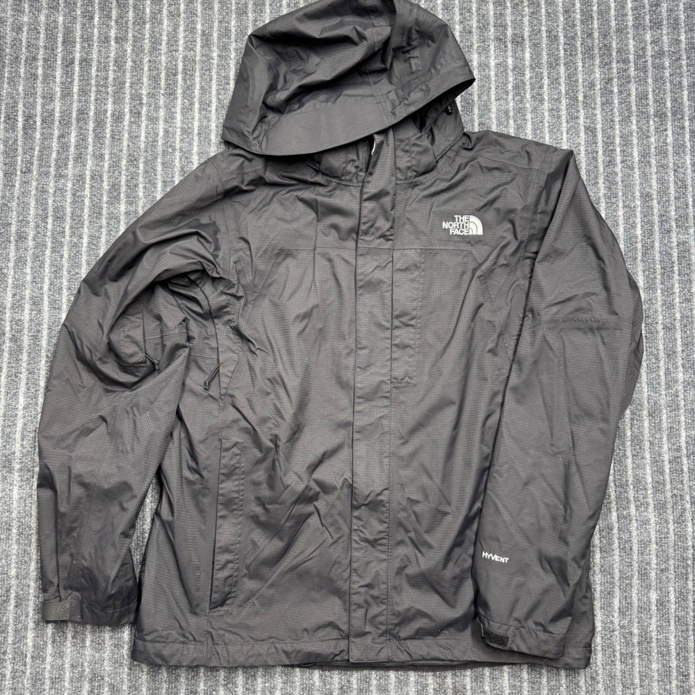 The North Face Mens HyVent Rain Jacket Size M Black Hooded Waterproof Shell